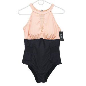 Halter Neck Color Block black pink One-Piece Swimsuit  Back Closure Size 12W